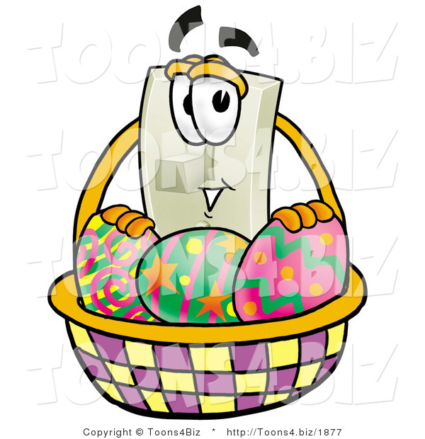 Illustration of a Cartoon Light Switch Mascot in an Easter Basket Full of Decorated Easter Eggs