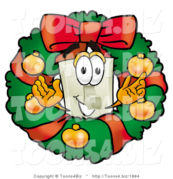 Illustration of a Cartoon Light Switch Mascot in the Center of a Christmas Wreath