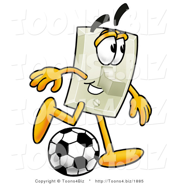 Illustration of a Cartoon Light Switch Mascot Kicking a Soccer Ball