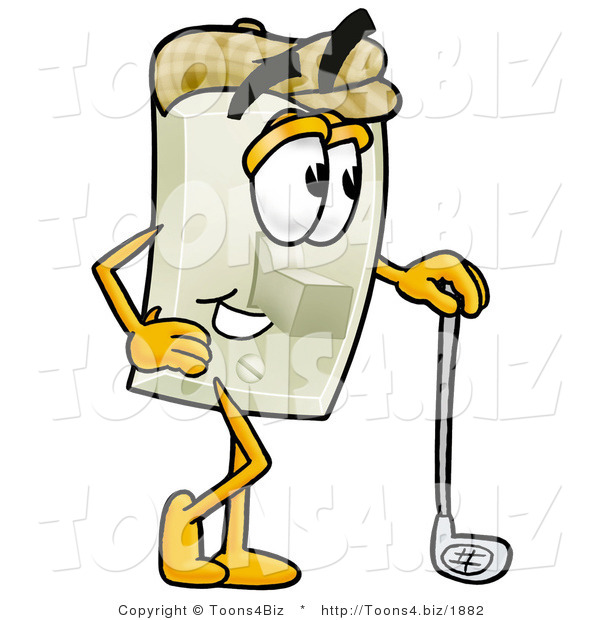 Illustration of a Cartoon Light Switch Mascot Leaning on a Golf Club While Golfing