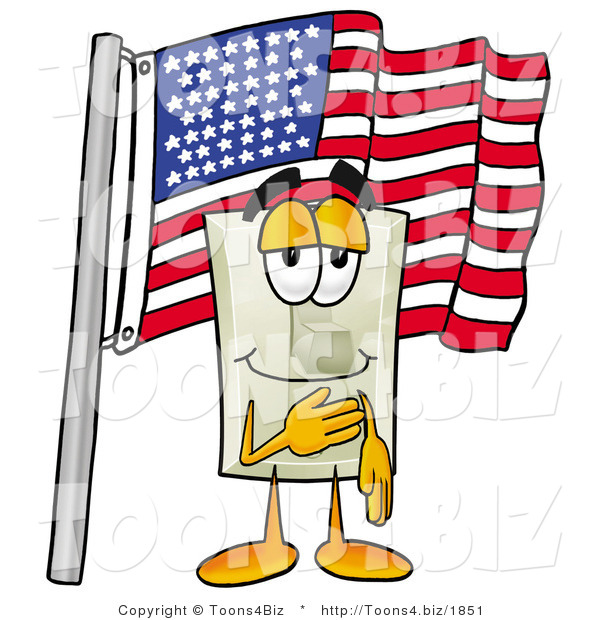 Illustration of a Cartoon Light Switch Mascot Pledging Allegiance to an American Flag