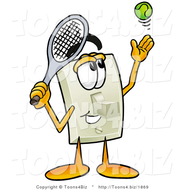 Illustration of a Cartoon Light Switch Mascot Preparing to Hit a Tennis Ball