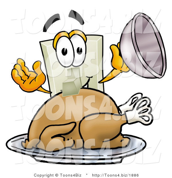 Illustration of a Cartoon Light Switch Mascot Serving a Thanksgiving Turkey on a Platter