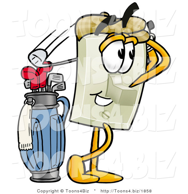 Illustration of a Cartoon Light Switch Mascot Swinging His Golf Club While Golfing