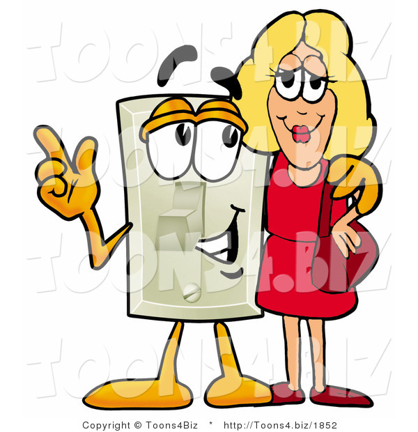 Illustration of a Cartoon Light Switch Mascot Talking to a Pretty Blond Woman