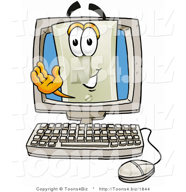 Illustration of a Cartoon Light Switch Mascot Waving from Inside a Computer Screen