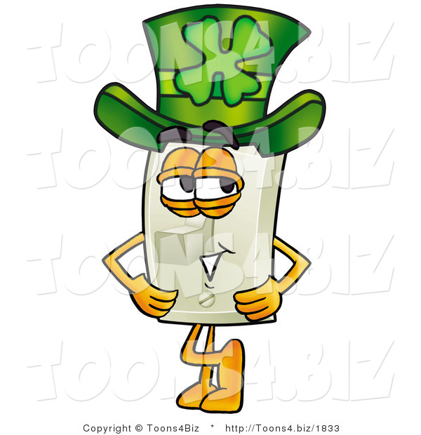 Illustration of a Cartoon Light Switch Mascot Wearing a Saint Patricks Day Hat with a Clover on It