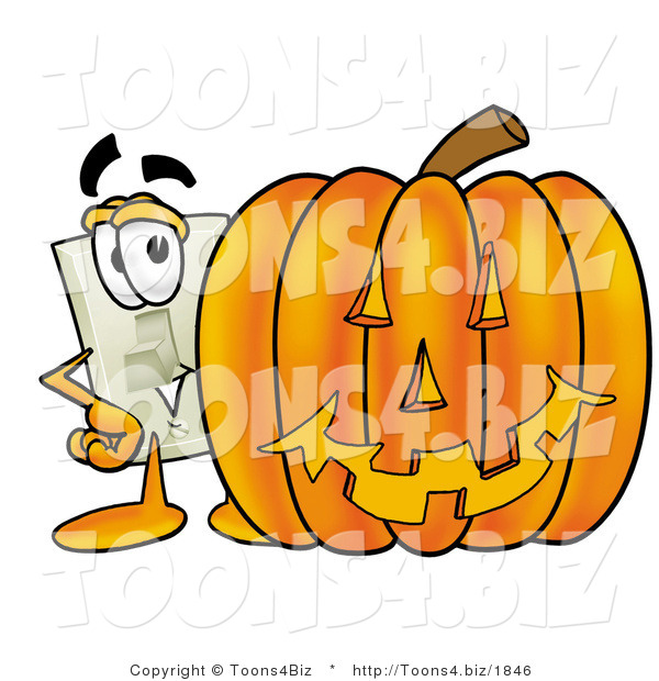 Illustration of a Cartoon Light Switch Mascot with a Carved Halloween Pumpkin