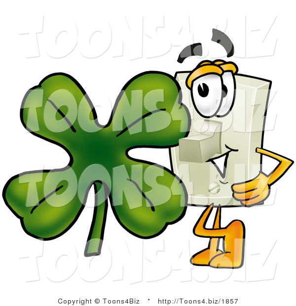 Illustration of a Cartoon Light Switch Mascot with a Green Four Leaf Clover on St Paddy's or St Patricks Day