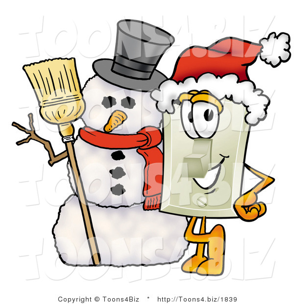 Illustration of a Cartoon Light Switch Mascot with a Snowman on Christmas