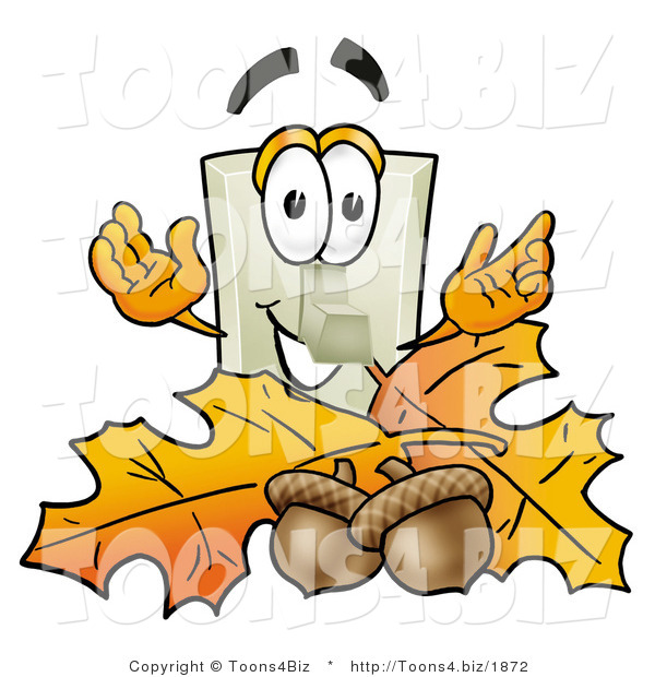 Illustration of a Cartoon Light Switch Mascot with Autumn Leaves and Acorns in the Fall
