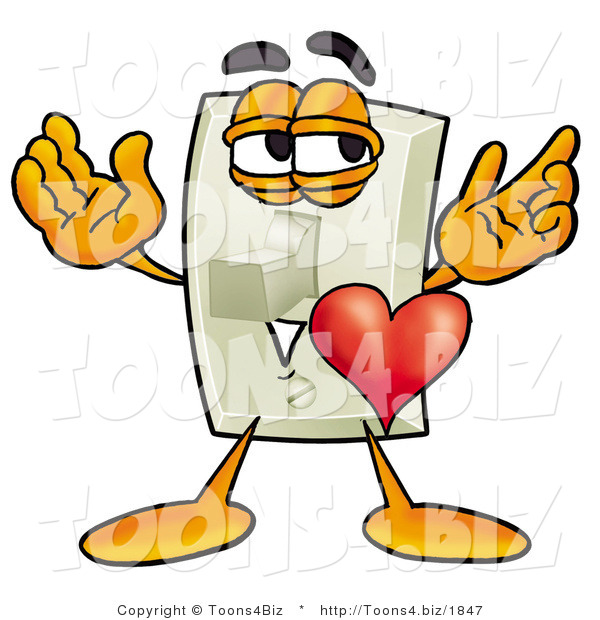 Illustration of a Cartoon Light Switch Mascot with His Heart Beating out of His Chest