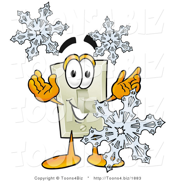 Illustration of a Cartoon Light Switch Mascot with Three Snowflakes in Winter