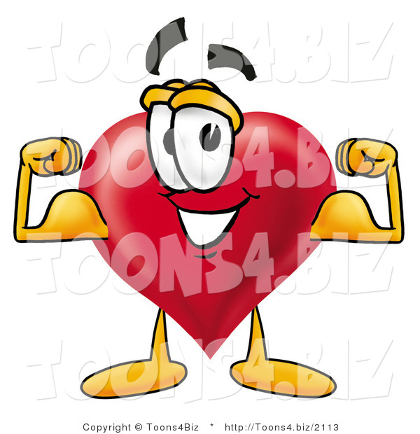 Illustration of a Cartoon Love Heart Mascot Flexing His Arm Muscles