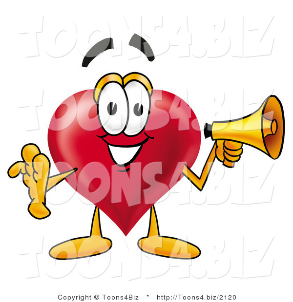 Illustration of a Cartoon Love Heart Mascot Holding a Megaphone