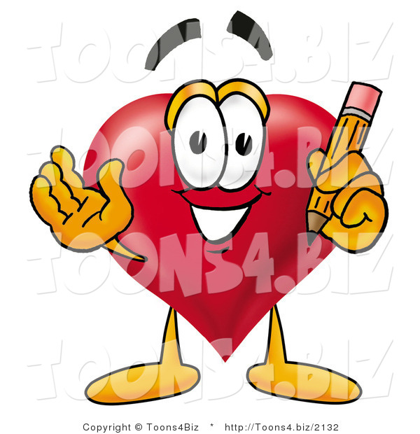 Illustration of a Cartoon Love Heart Mascot Holding a Pencil