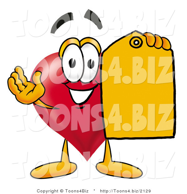 Illustration of a Cartoon Love Heart Mascot Holding a Yellow Sales Price Tag