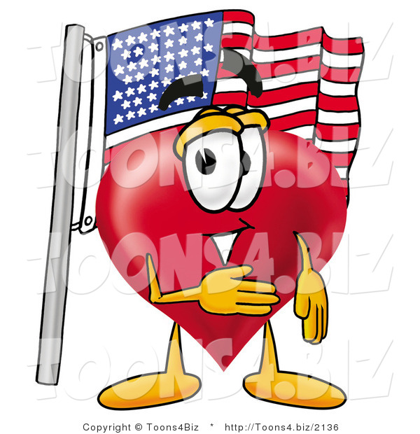Illustration of a Cartoon Love Heart Mascot Pledging Allegiance to an American Flag