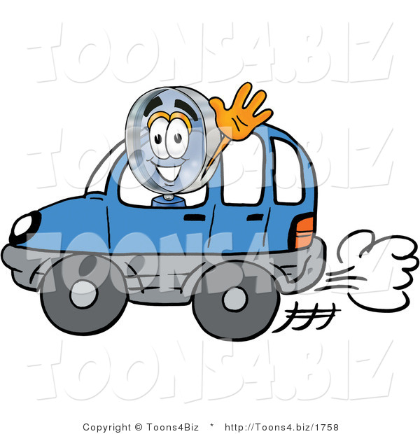 Illustration of a Cartoon Magnifying Glass Mascot Driving a Blue Car and Waving