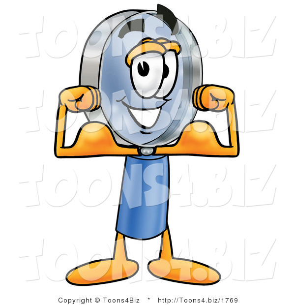 Illustration of a Cartoon Magnifying Glass Mascot Flexing His Arm Muscles