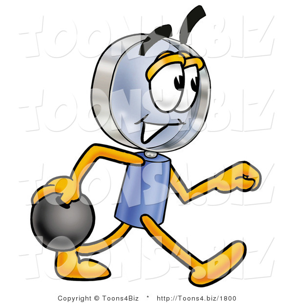 Illustration of a Cartoon Magnifying Glass Mascot Holding a Bowling Ball