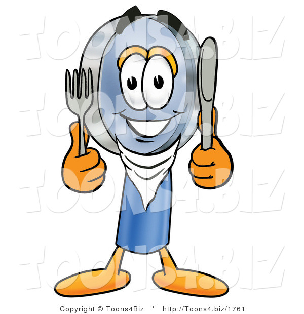 Illustration of a Cartoon Magnifying Glass Mascot Holding a Knife and Fork