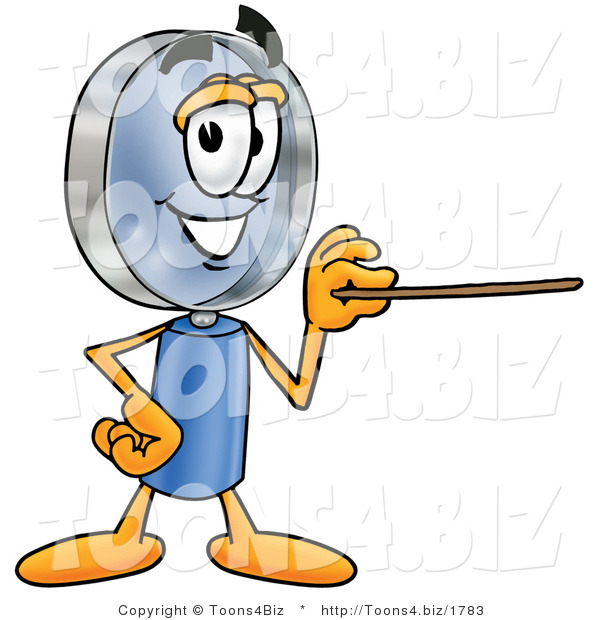 Illustration of a Cartoon Magnifying Glass Mascot Holding a Pointer Stick