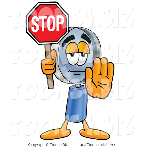 Illustration of a Cartoon Magnifying Glass Mascot Holding a Stop Sign