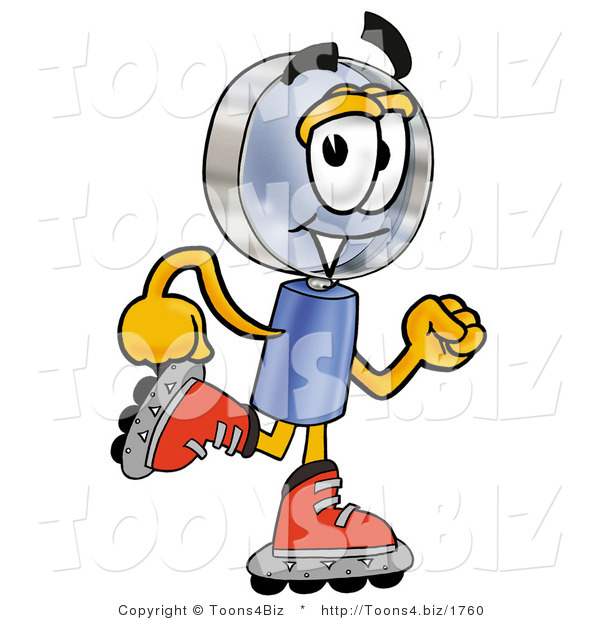 Illustration of a Cartoon Magnifying Glass Mascot Roller Blading on Inline Skates