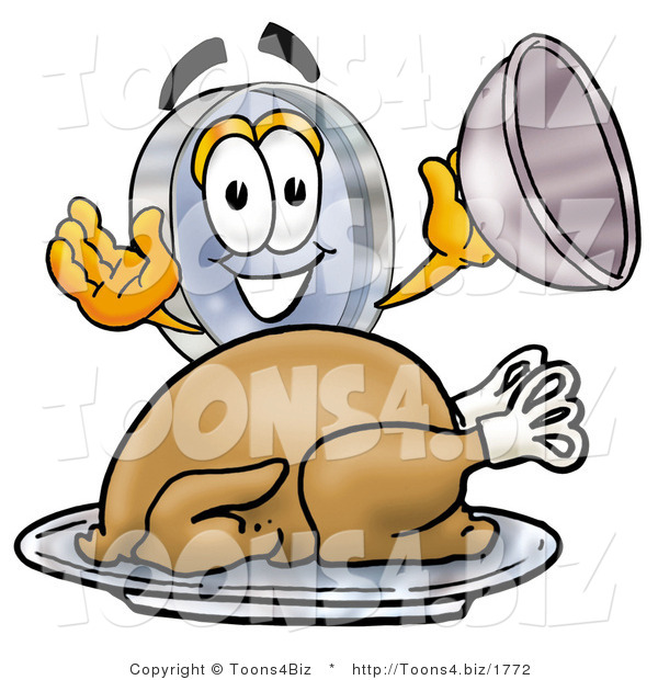 Illustration of a Cartoon Magnifying Glass Mascot Serving a Thanksgiving Turkey on a Platter