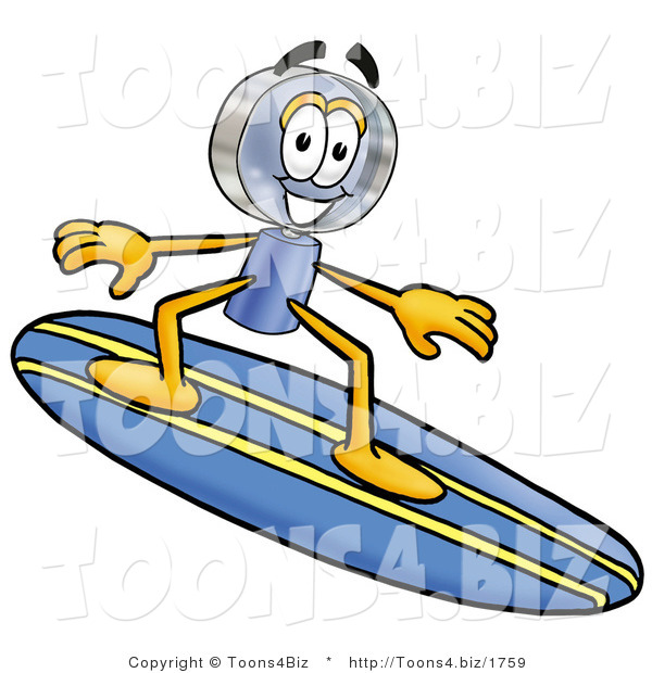 Illustration of a Cartoon Magnifying Glass Mascot Surfing on a Blue and Yellow Surfboard