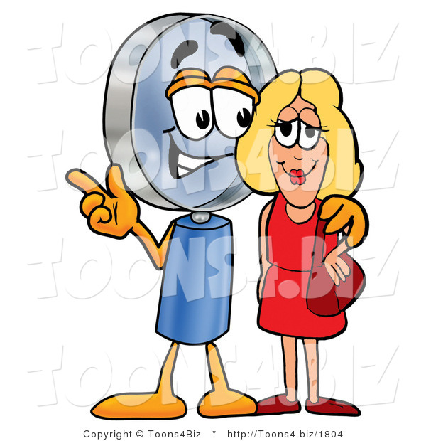 Illustration of a Cartoon Magnifying Glass Mascot Talking to a Pretty Blond Woman