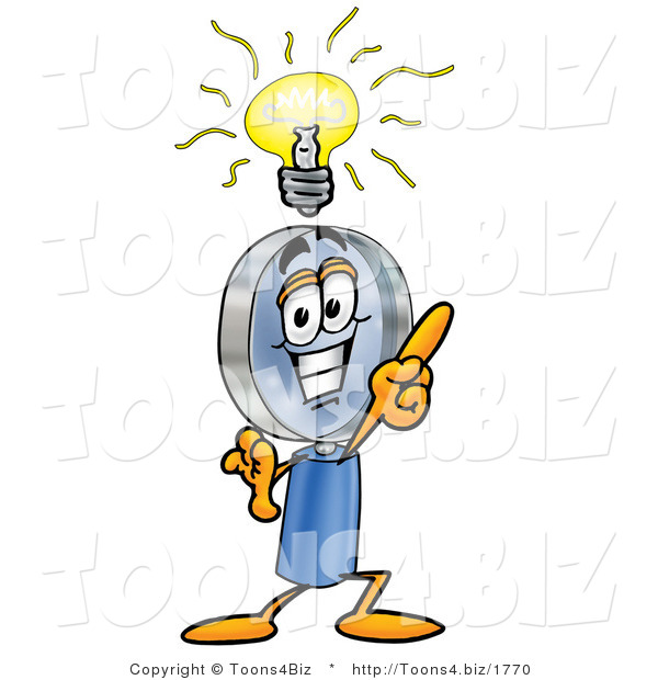 Illustration of a Cartoon Magnifying Glass Mascot with a Bright Idea