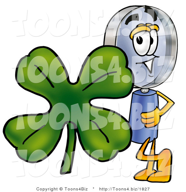Illustration of a Cartoon Magnifying Glass Mascot with a Green Four Leaf Clover on St Paddy's or St Patricks Day