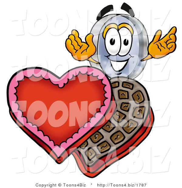 Illustration of a Cartoon Magnifying Glass Mascot with an Open Box of Valentines Day Chocolate Candies