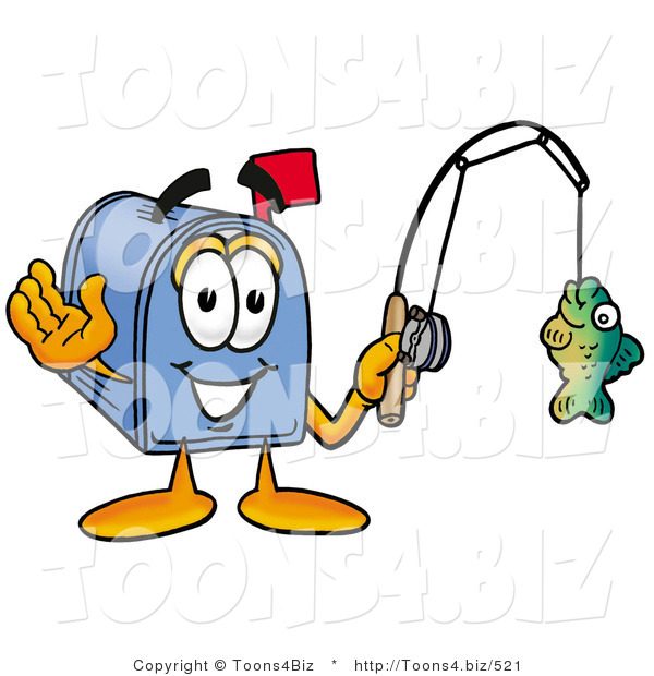 Illustration of a Cartoon Mailbox Holding a Fish on a Fishing Pole