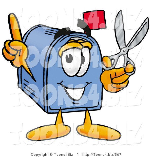 Illustration of a Cartoon Mailbox Holding a Pair of Scissors