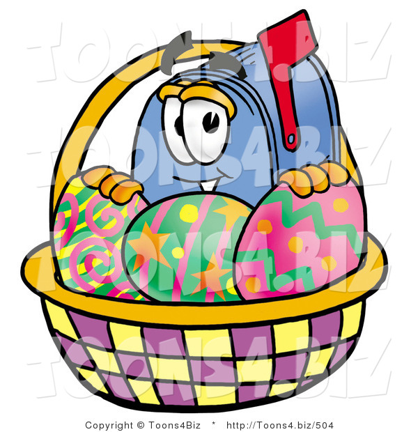 Illustration of a Cartoon Mailbox in an Easter Basket Full of Decorated Easter Eggs