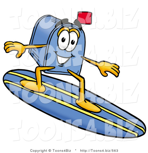 Illustration of a Cartoon Mailbox Surfing on a Blue and Yellow Surfboard