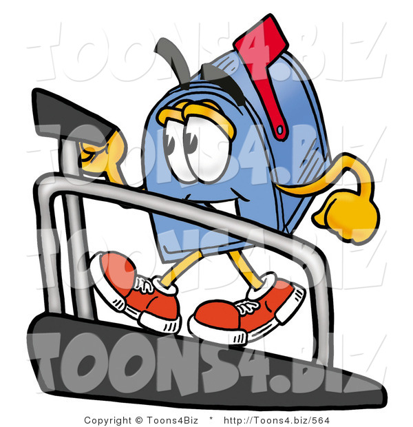 Illustration of a Cartoon Mailbox Walking on a Treadmill in a Fitness Gym