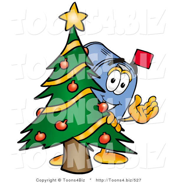 Illustration of a Cartoon Mailbox Waving and Standing by a Decorated Christmas Tree