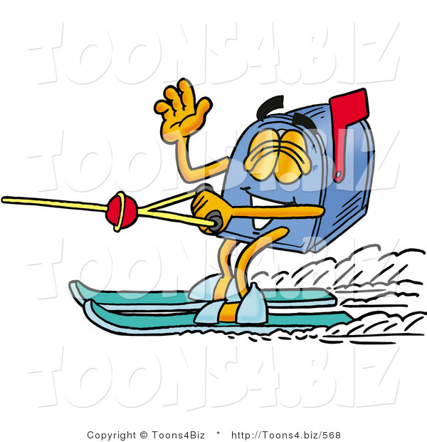 Illustration of a Cartoon Mailbox Waving While Water Skiing