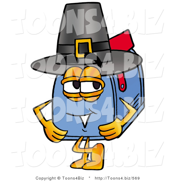 Illustration of a Cartoon Mailbox Wearing a Pilgrim Hat on Thanksgiving