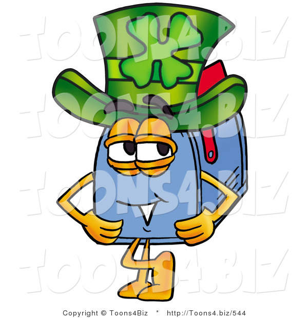 Illustration of a Cartoon Mailbox Wearing a Saint Patricks Day Hat with a Clover on It