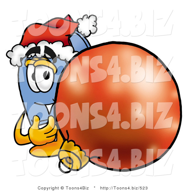 Illustration of a Cartoon Mailbox Wearing a Santa Hat, Standing with a Christmas Bauble