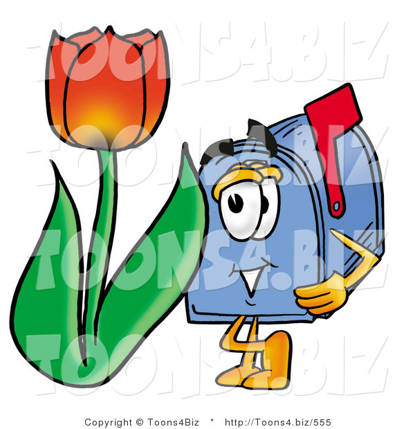 Illustration of a Cartoon Mailbox with a Red Tulip Flower in the Spring