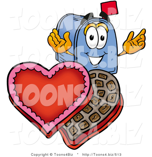 Illustration of a Cartoon Mailbox with an Open Box of Valentines Day Chocolate Candies