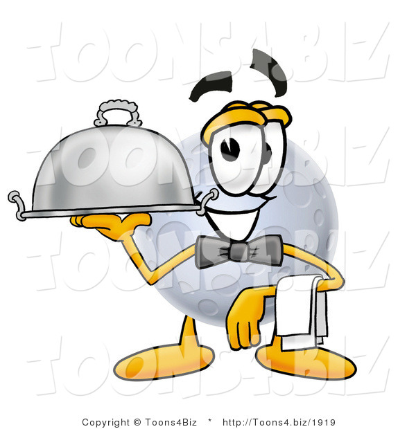 Illustration of a Cartoon Moon Mascot Dressed As a Waiter and Holding a Serving Platter