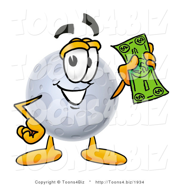 Illustration of a Cartoon Moon Mascot Holding a Dollar Bill