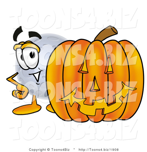 Illustration of a Cartoon Moon Mascot with a Carved Halloween Pumpkin